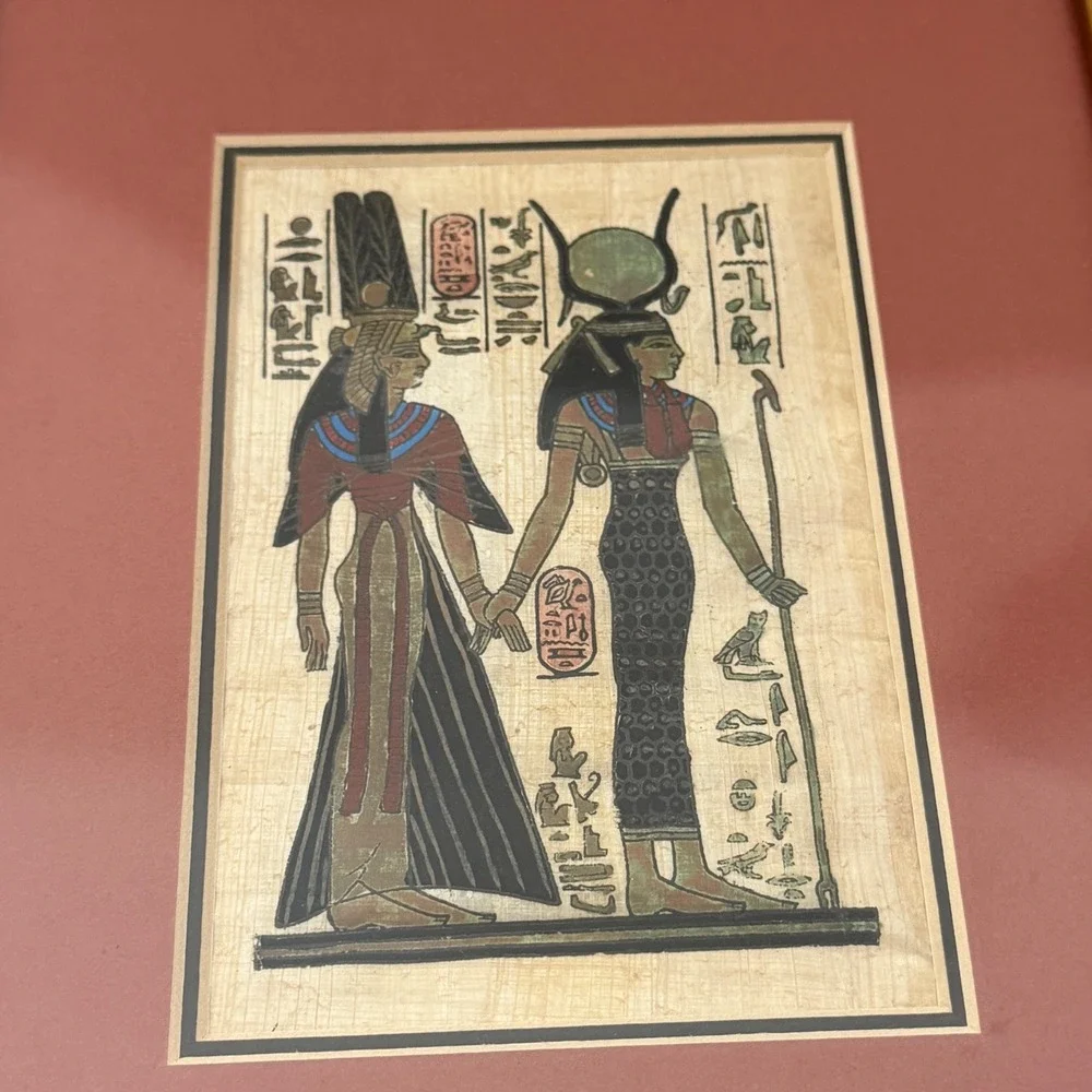 Hand Painted Egyptian Papyrus Art Framed Gold 8.5x10.5 Hieroglyphics Decor